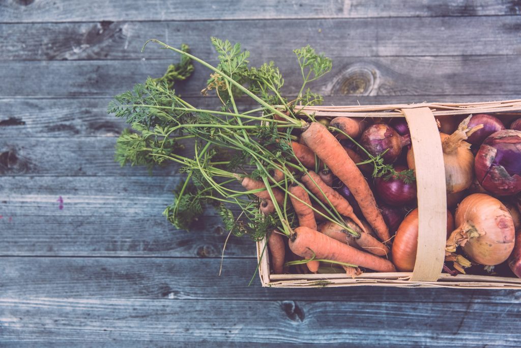 Panier en osier de légumes bio frais : carottes et oignons